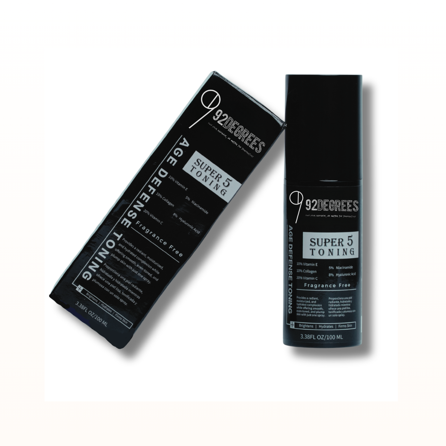 Skincare product packaging with Black box of 92 Degrees Super 5 Toning Age Defense on a white background