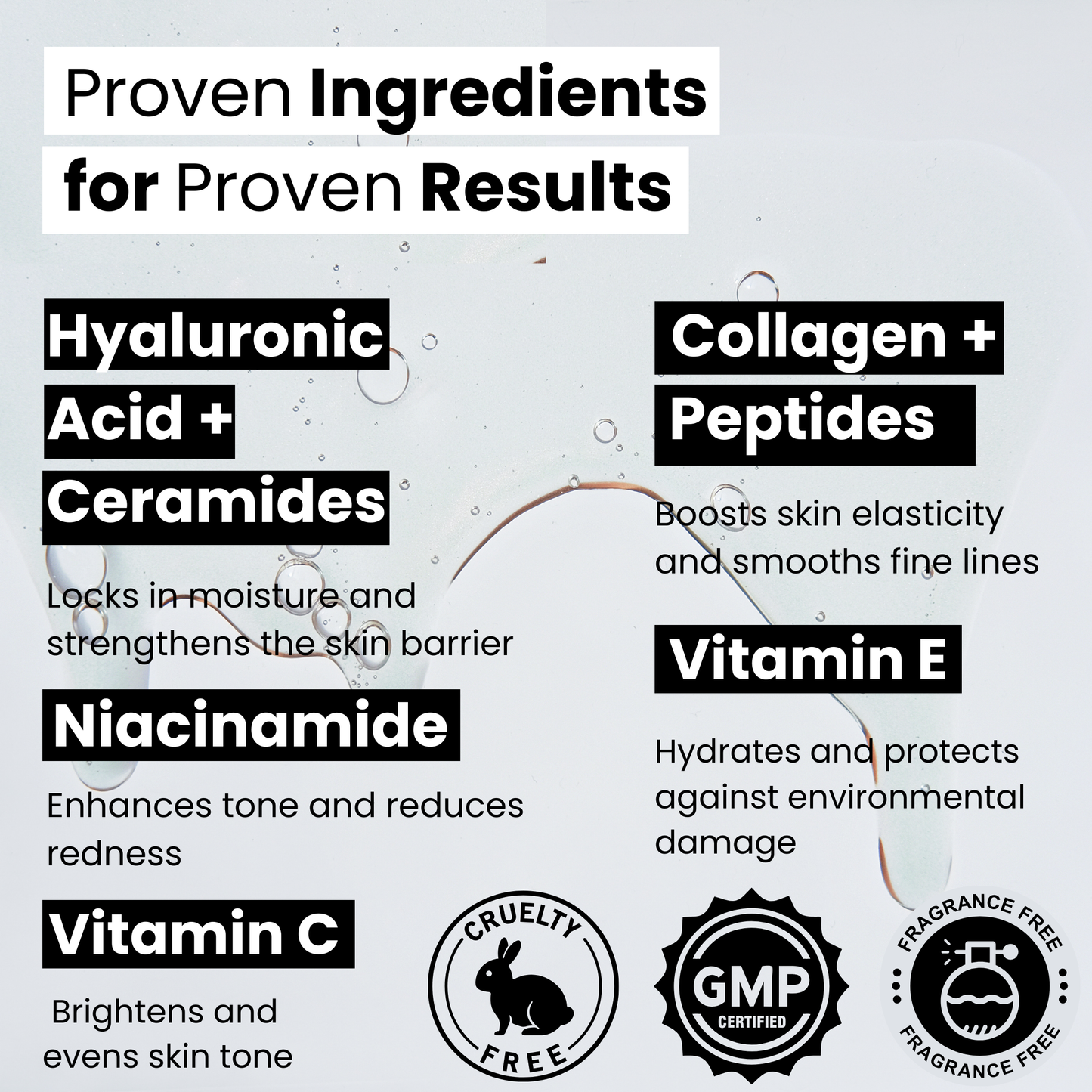 List of 92DEGREES TONING ingredients with their benefits on a light gray background