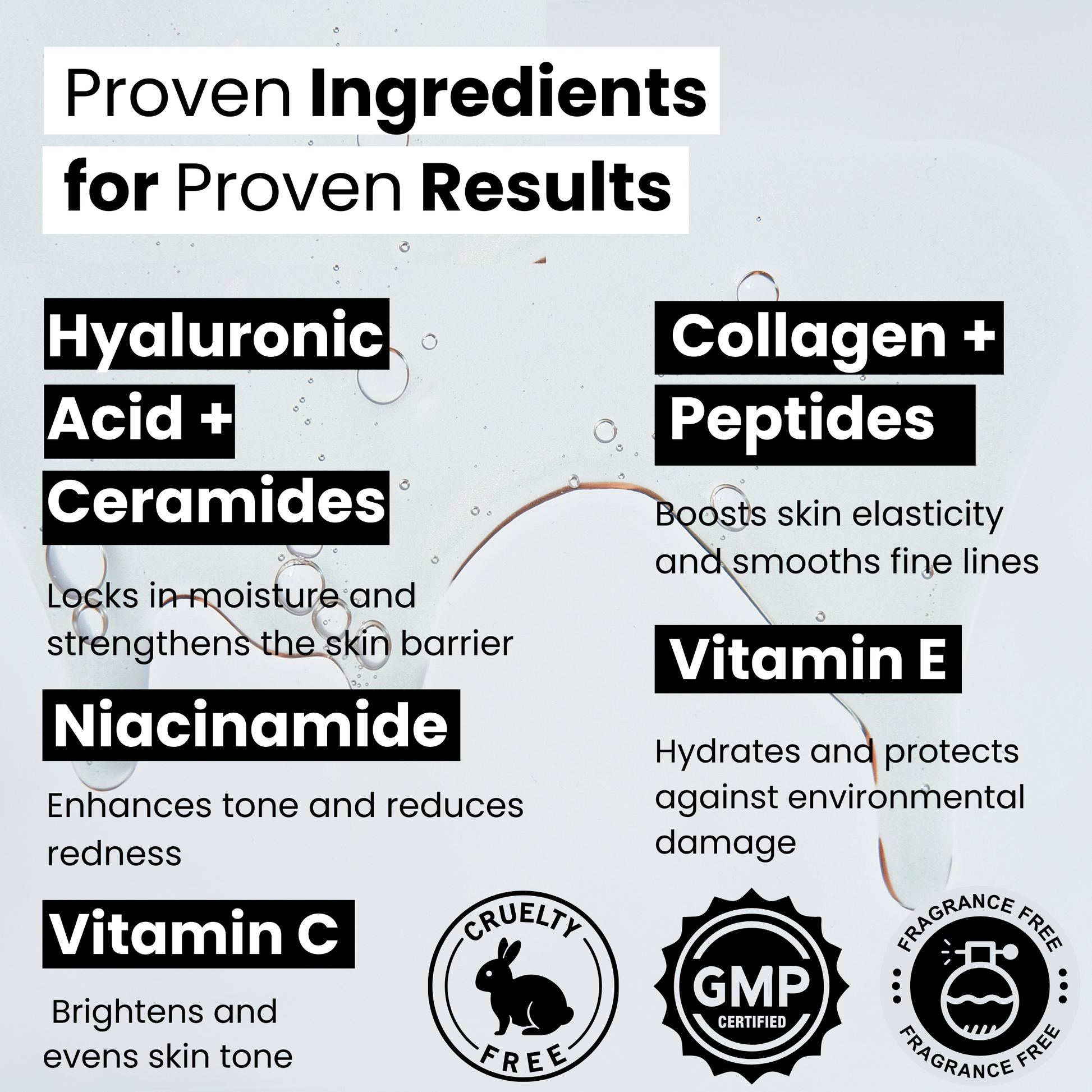 List of 92DEGREES TONING ingredients with their benefits on a light gray background