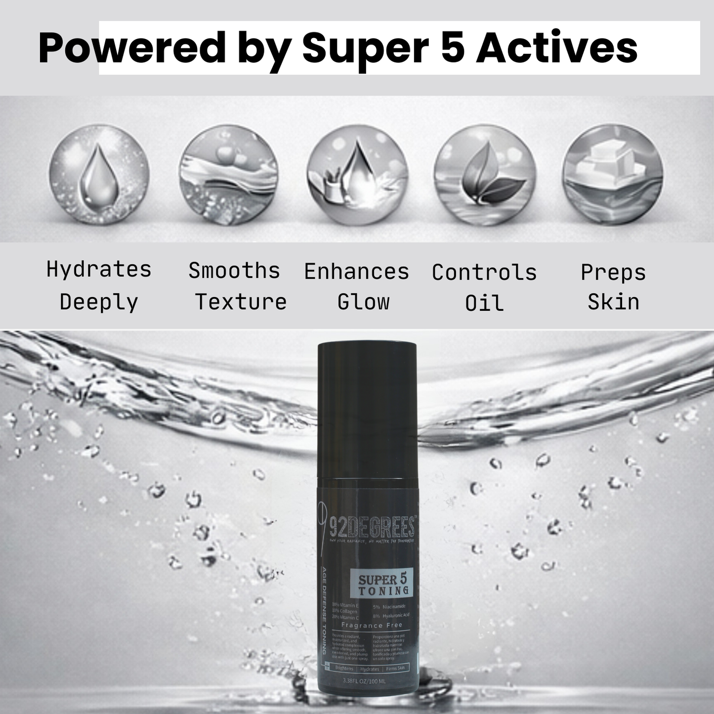 Skincare product with 'Super 5 Actives' labeled and water droplets graphics.