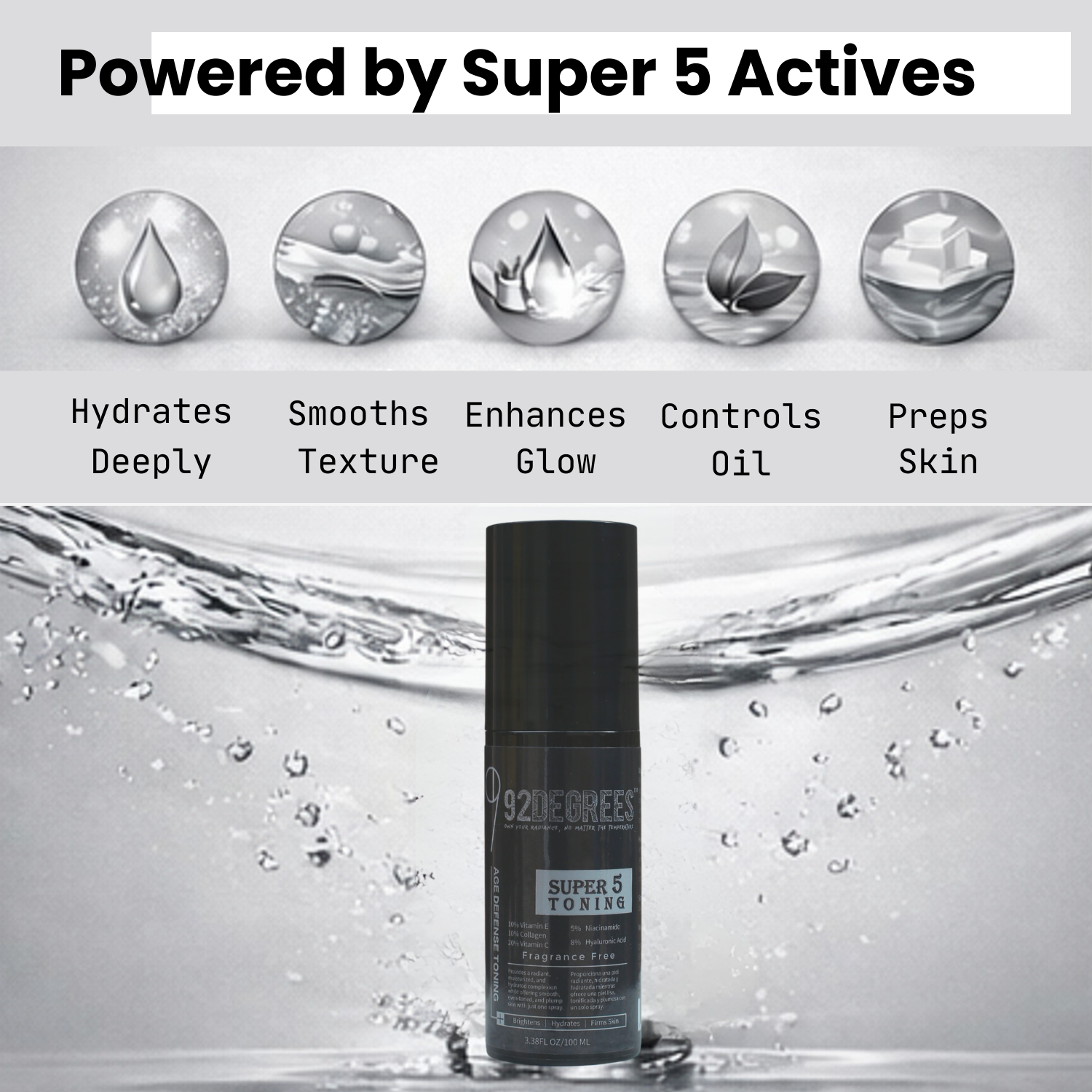 Skincare product with 'Super 5 Actives' labeled and water droplets graphics.