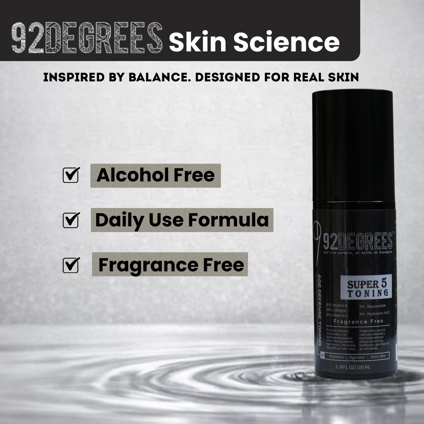 92Degrees Skin Science toner bottle with product features on a gray background