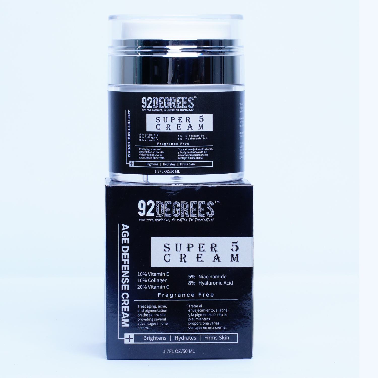 92Degrees Super 5 Cream age defense skincare product in a black jar placed on top of this matching black box featuring a fragrance free formula with vitamin C vitamin E collagen niacinamide and hyaluronic acid