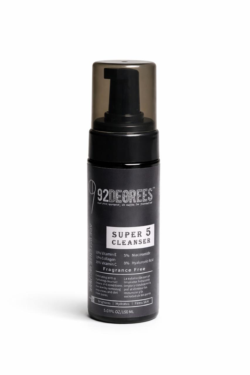 A pump bottle of 92degrees Super 5 Age Defense Cleanser, a facial cleansing product with niacinamide, collagen, vitamin C, E, and hyaluronic acid.