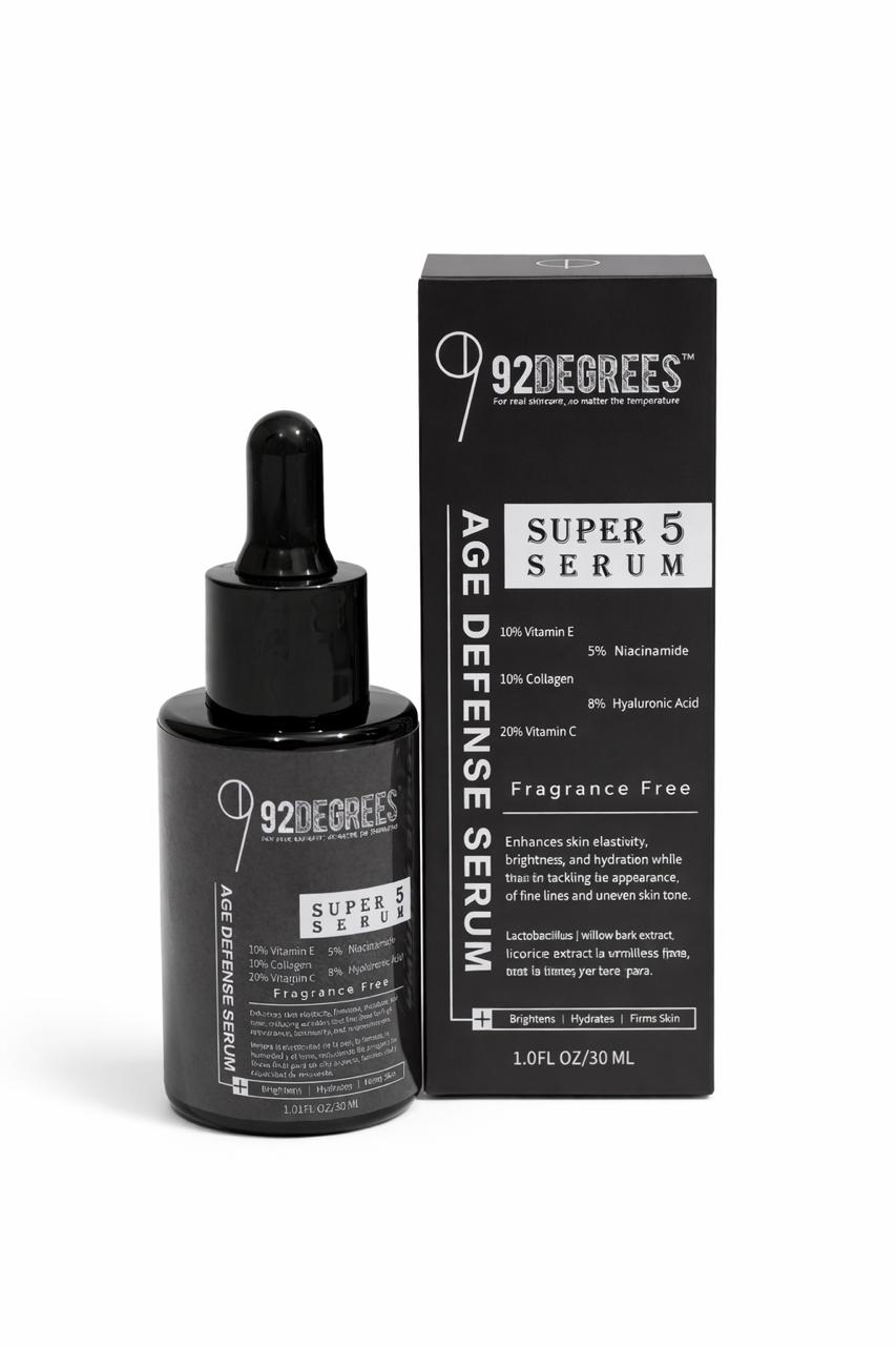 92 Degrees Super 5 Serum bottle and packaging on a white background