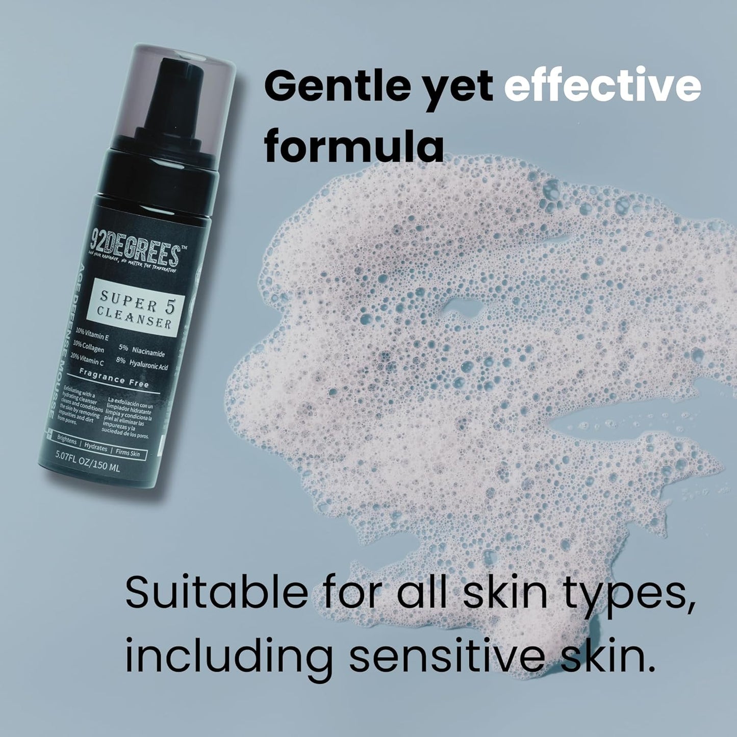 92degrees Super 5 Age Defense Cleanser - Niacinamide, Collagen, Vitamin C, E, Hyaluronic Acid | Gentle Face Wash for Cleansing & Anti-Aging Care