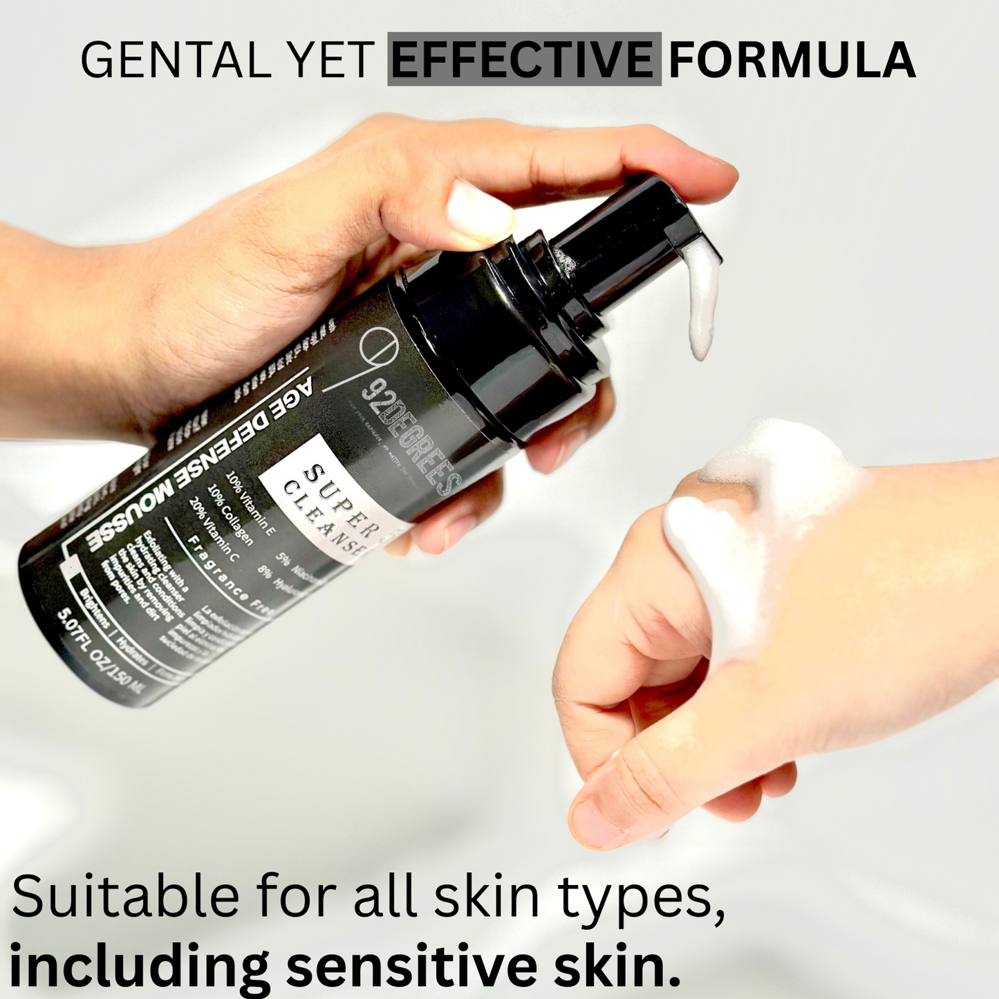 Hand holding a skincare product with text about its effectiveness and suitability for all skin types.